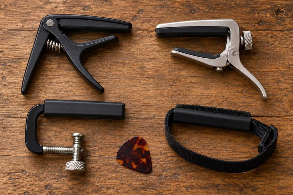 Trigger, screw and strap capos laid out on a wooden table with a guitar pick