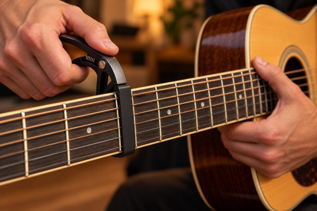 Trigger capo clamped on an acoustic guitar neck just behind the second fret