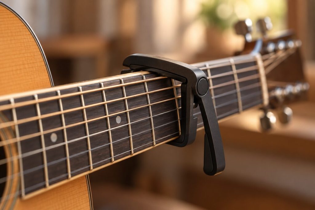 A spring clamp capo on the neck of an acoustic guitar